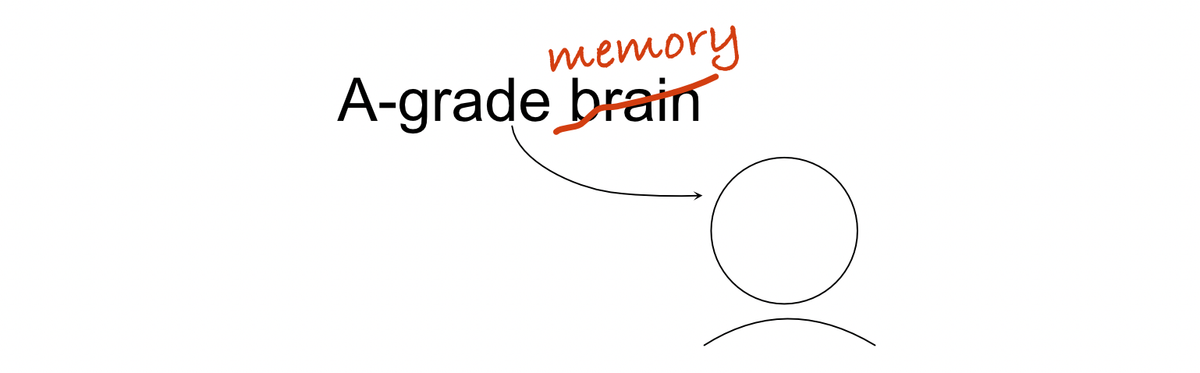Person labeled "A-grade brain", with "brain" struck through with a red line and "memory" written in red above it.