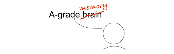 Person labeled "A-grade brain", with "brain" struck through with a red line and "memory" written in red above it.