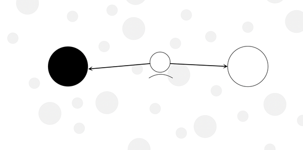 Diagram of a person being pulled between black and white nodes, when there is a sea of gray nodes all around.